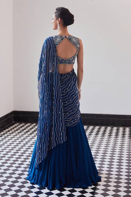 Charu And Vasundhara Blue Embroidered Pre-Draped Lehenga Saree 