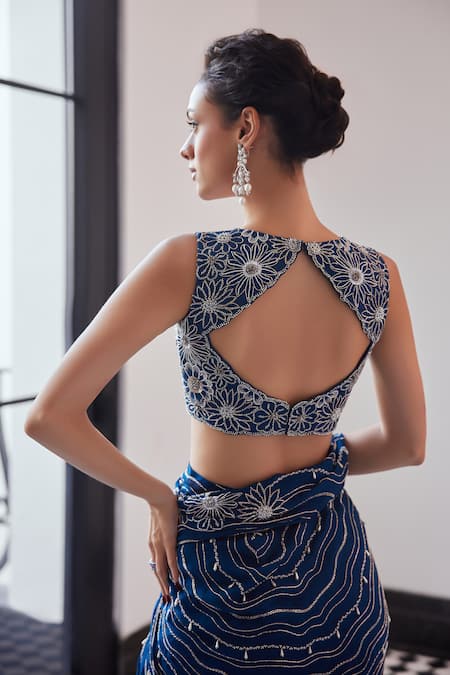Charu And Vasundhara_Blue Organza, Chiffon, Taffeta Cut Work, Embroidered Pre-draped Lehenga Saree _Online_at_Aza_Fashions