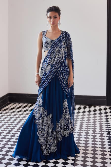 Buy_Charu And Vasundhara_Blue Organza, Chiffon, Taffeta Cut Work, Embroidered Pre-draped Lehenga Saree _Online_at_Aza_Fashions