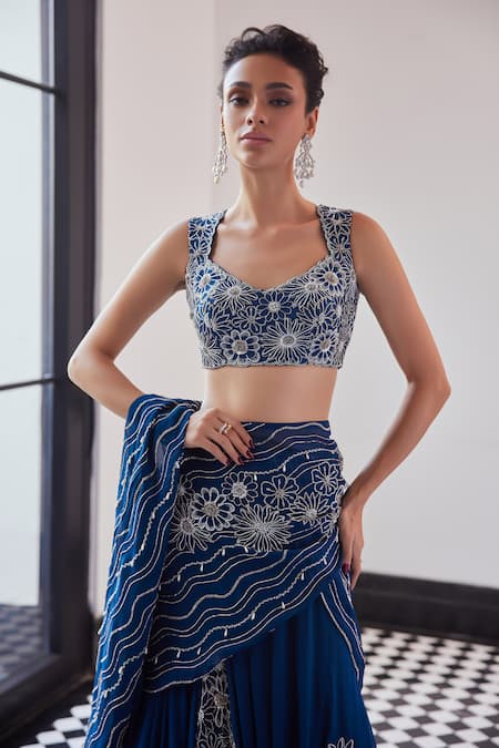 Shop_Charu And Vasundhara_Blue Organza, Chiffon, Taffeta Cut Work, Embroidered Pre-draped Lehenga Saree _Online_at_Aza_Fashions