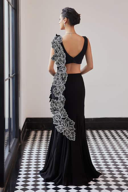 Charu And Vasundhara Black Fern Cutwork Pre-Draped Lehenga Saree 