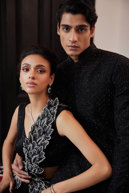 Charu And Vasundhara Black Organza, Net, Georgette, Taffeta Cut Fern Cutwork Pre-draped Lehenga Saree Online at Aza Fashions Charu And Vasundhara_Black Organza, Net, Georgette, Taffeta Cut Fern Cutwork Pre-draped Lehenga Saree _Online_at_Aza_Fashions