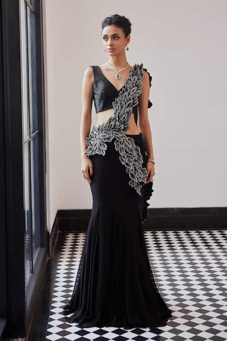 Shop Charu And Vasundhara Black Organza, Net, Georgette, Taffeta Cut Fern Cutwork Pre-draped Lehenga Saree Online at Aza Fashions Shop_Charu And Vasundhara_Black Organza, Net, Georgette, Taffeta Cut Fern Cutwork Pre-draped Lehenga Saree _Online_at_Aza_Fashions