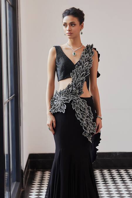 Charu And Vasundhara Black Organza, Net, Georgette, Taffeta Cut Fern Cutwork Pre-draped Lehenga Saree at Aza Fashions Charu And Vasundhara_Black Organza, Net, Georgette, Taffeta Cut Fern Cutwork Pre-draped Lehenga Saree _at_Aza_Fashions