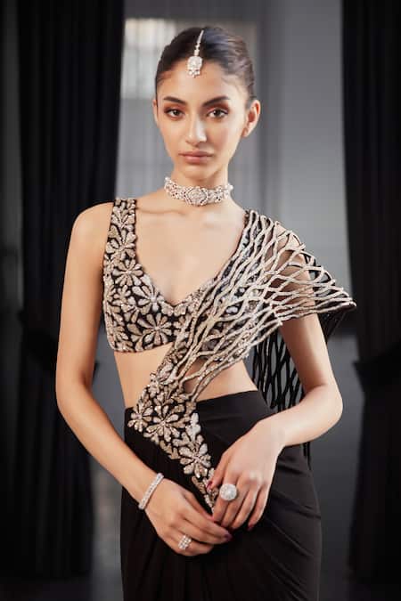 Charu And Vasundhara_Black Georgette, Taffeta Cut Fiore Jaal Embroidered Pre-draped Saree And Blouse _Online_at_Aza_Fashions