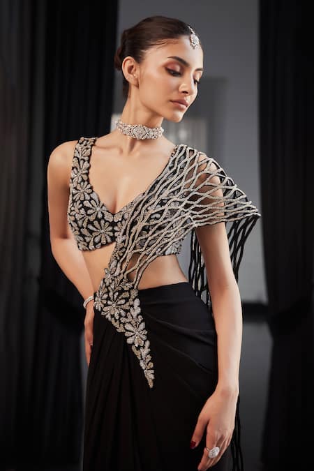 Buy_Charu And Vasundhara_Black Georgette, Taffeta Cut Fiore Jaal Embroidered Pre-draped Saree And Blouse _Online_at_Aza_Fashions