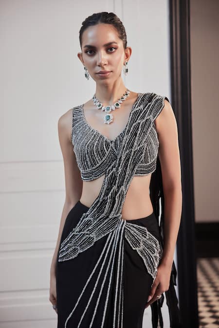 Charu And Vasundhara_Black Organza, Viscose Sequins, Beads V-neck And Embroidered Saree Set _Online_at_Aza_Fashions