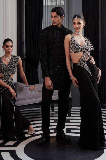 Buy_Charu And Vasundhara_Black Organza, Viscose Sequins, Beads V-neck And Embroidered Saree Set _Online_at_Aza_Fashions