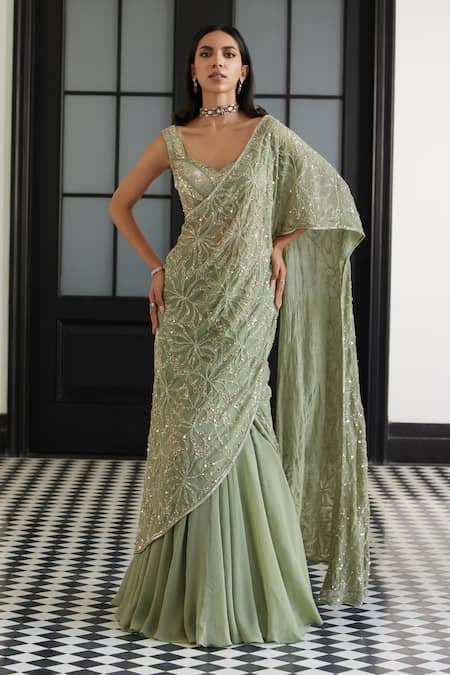 Charu and Vasundhara Sage Green Embroidered Pre-Draped Saree Set 