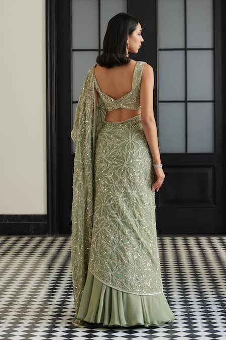 Charu And Vasundhara Sage Green Embroidered Pre-Draped Saree Set 