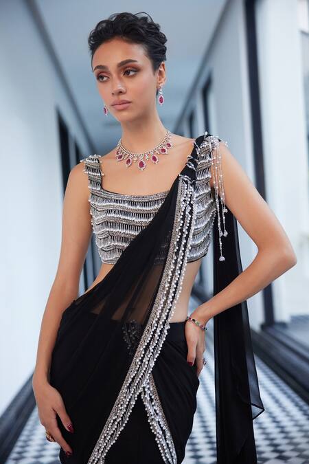 Charu And Vasundhara_Black Taffeta, Tussar, Viscose, Organza, Net, Embroidered Pre-draped Saree Set _Online_at_Aza_Fashions