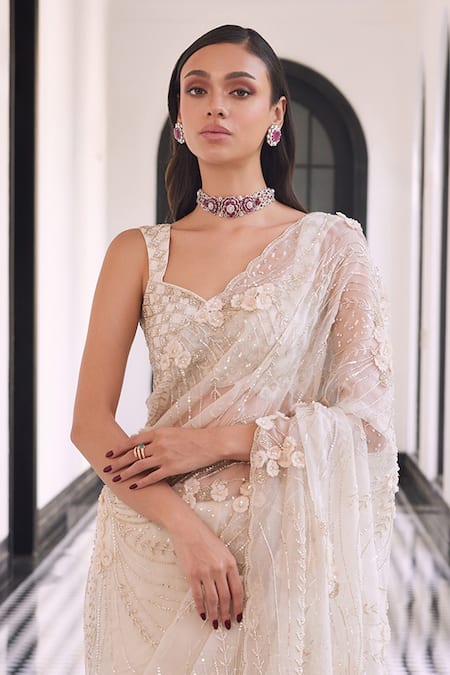 Charu And Vasundhara Ivory Taffeta, Tussar, Satin, Viscose, Organza Embroidered Pre-draped Saree Set Online at Aza Fashions Charu And Vasundhara_Ivory Taffeta, Tussar, Satin, Viscose, Organza Embroidered Pre-draped Saree Set _Online_at_Aza_Fashions