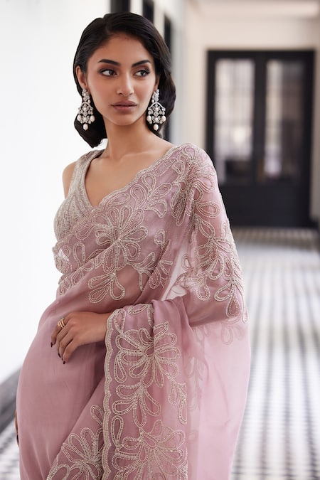 Charu And Vasundhara Pink Taffeta, Satin, Organza, Tussar, Viscose Embroidered Pre-draped Saree Set Online at Aza Fashions Charu And Vasundhara_Pink Taffeta, Satin, Organza, Tussar, Viscose Embroidered Pre-draped Saree Set _Online_at_Aza_Fashions