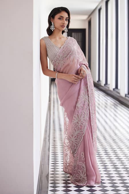 Shop Charu And Vasundhara Pink Taffeta, Satin, Organza, Tussar, Viscose Embroidered Pre-draped Saree Set Online at Aza Fashions Shop_Charu And Vasundhara_Pink Taffeta, Satin, Organza, Tussar, Viscose Embroidered Pre-draped Saree Set _Online_at_Aza_Fashions