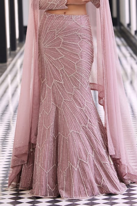 Charu And Vasundhara_Pink Taffeta, Net Sequins, Beads V-neck Embroidered Fish Cut Lehenga Set _Online_at_Aza_Fashions