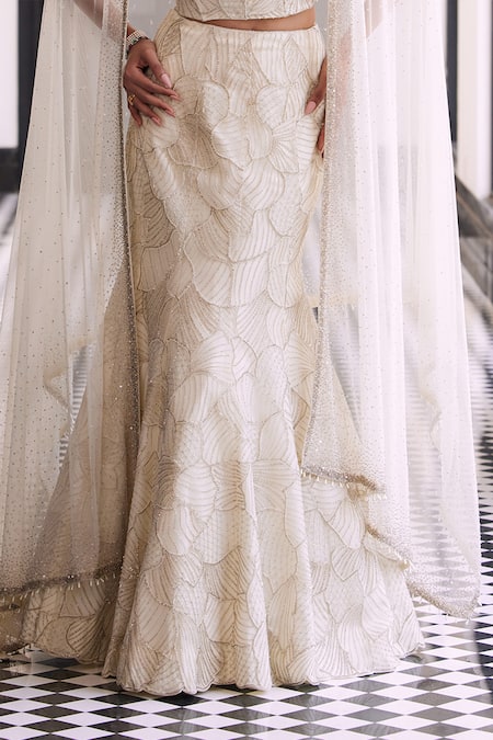 Charu And Vasundhara_Ivory Taffeta, Net, Tussar Cut Work, Beads, Embroidered Fishcut Lehenga Set _Online_at_Aza_Fashions