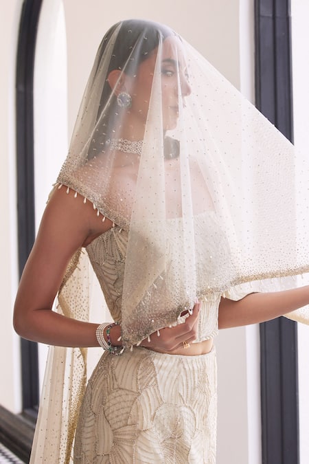 Buy_Charu And Vasundhara_Ivory Taffeta, Net, Tussar Cut Work, Beads, Embroidered Fishcut Lehenga Set _Online_at_Aza_Fashions