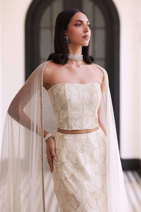 Shop_Charu And Vasundhara_Ivory Taffeta, Net, Tussar Cut Work, Beads, Embroidered Fishcut Lehenga Set _Online_at_Aza_Fashions