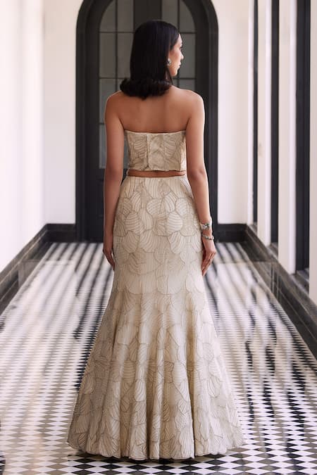 Charu And Vasundhara_Ivory Taffeta, Net, Tussar Cut Work, Beads, Embroidered Fishcut Lehenga Set _at_Aza_Fashions