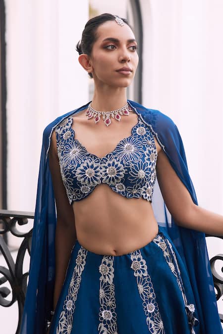 Buy_Charu And Vasundhara_Blue Taffeta, Viscose, Organza, Tussar Sequins, Beads, Embroidery Lehenga Set _Online_at_Aza_Fashions