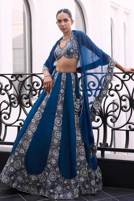 Charu And Vasundhara_Blue Taffeta, Viscose, Organza, Tussar Sequins, Beads, Embroidery Lehenga Set _at_Aza_Fashions