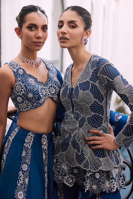 Buy_Charu And Vasundhara_Blue Taffeta, Viscose, Organza, Tussar Sequins, Beads, Embroidery Lehenga Set 