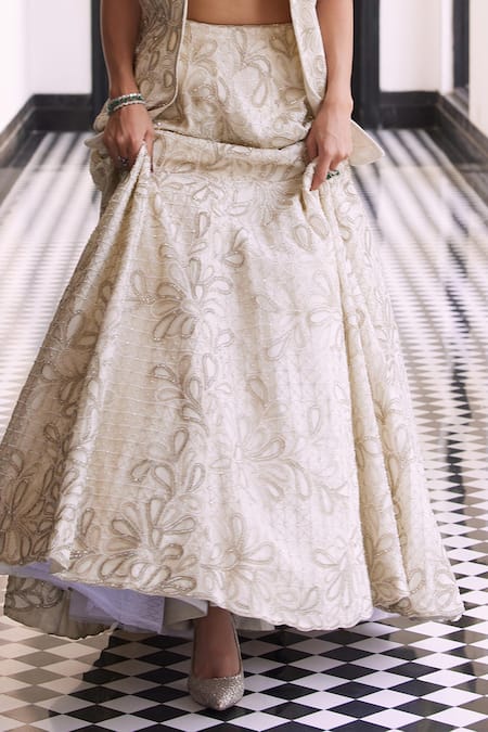 Buy_Charu And Vasundhara_Ivory Taffeta, Net, Tussar Beads, Cut Work Embroidered Waistcoat And Lehenga Set _Online_at_Aza_Fashions