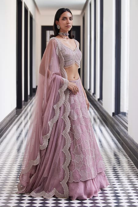 Charu And Vasundhara Pink Taffeta, Net, Tussar Pearls, Cut Work Layered Embroidered Lehenga Set Online at Aza Fashions Charu And Vasundhara_Pink Taffeta, Net, Tussar Pearls, Cut Work Layered Embroidered Lehenga Set _Online_at_Aza_Fashions