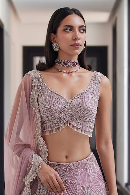 Shop Charu And Vasundhara Pink Taffeta, Net, Tussar Pearls, Cut Work Layered Embroidered Lehenga Set Online at Aza Fashions Shop_Charu And Vasundhara_Pink Taffeta, Net, Tussar Pearls, Cut Work Layered Embroidered Lehenga Set _Online_at_Aza_Fashions