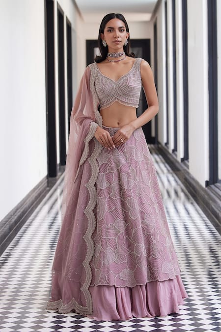 Charu And Vasundhara Pink Taffeta, Net, Tussar Pearls, Cut Work Layered Embroidered Lehenga Set at Aza Fashions Charu And Vasundhara_Pink Taffeta, Net, Tussar Pearls, Cut Work Layered Embroidered Lehenga Set _at_Aza_Fashions