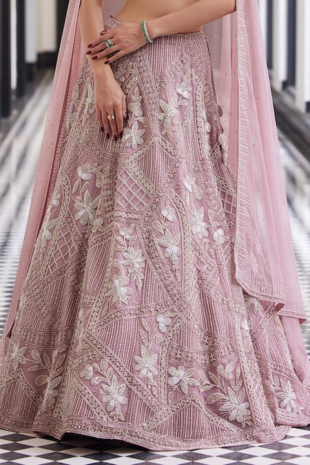 Charu And Vasundhara_Pink Taffeta, Silk Sequins, Beads, Embroidery Asymmetric Lehenga Set _Online_at_Aza_Fashions