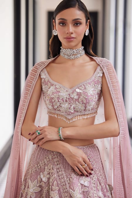 Buy_Charu And Vasundhara_Pink Taffeta, Silk Sequins, Beads, Embroidery Asymmetric Lehenga Set _Online_at_Aza_Fashions