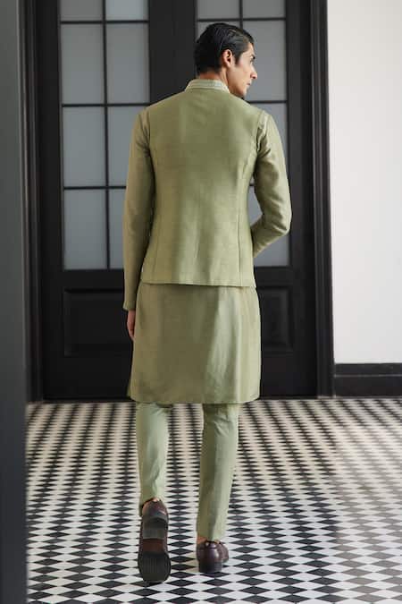 Shop Charu And Vasundhara Green Silk, Muslin Cut Work, Embroidery Bundi Kurta Set at Aza Fashions Shop_Charu And Vasundhara_Green Silk, Muslin Cut Work, Embroidery Bundi Kurta Set _at_Aza_Fashions