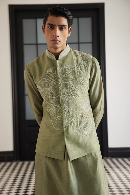 Buy Charu And Vasundhara Green Silk, Muslin Cut Work, Embroidery Bundi Kurta Set Online at Aza Fashions Buy_Charu And Vasundhara_Green Silk, Muslin Cut Work, Embroidery Bundi Kurta Set _Online_at_Aza_Fashions