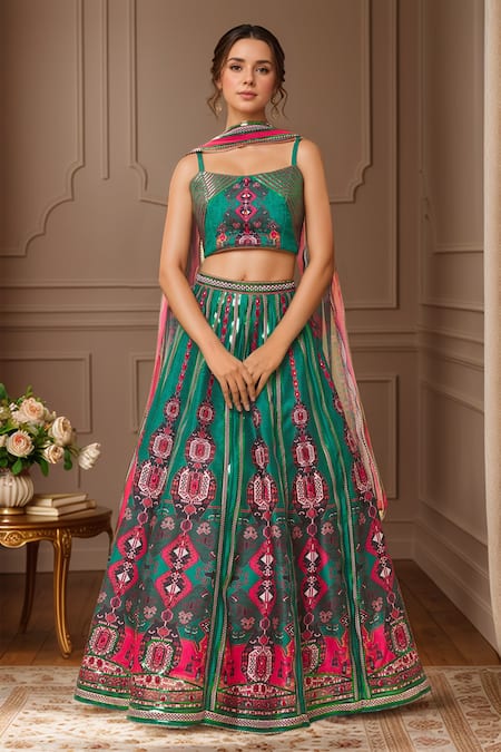 Samyukta Singhania Green Raw Silk Print Mosaic Bloom Square Floweret Lehenga Set