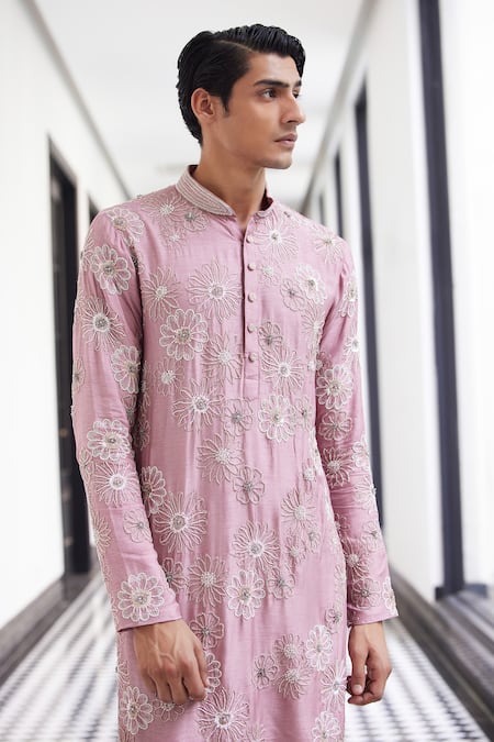 Shop_Charu And Vasundhara_Pink Muslin Cut Work Floral Embroidered Kurta Set _at_Aza_Fashions
