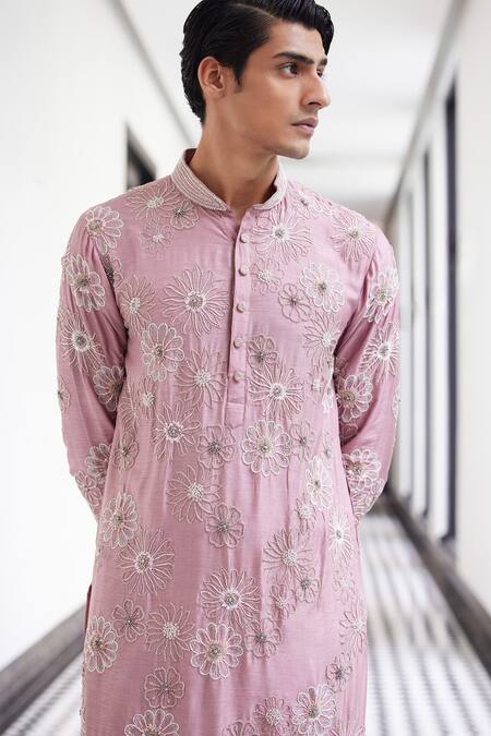 Buy_Charu And Vasundhara_Pink Muslin Cut Work Floral Embroidered Kurta Set _Online_at_Aza_Fashions