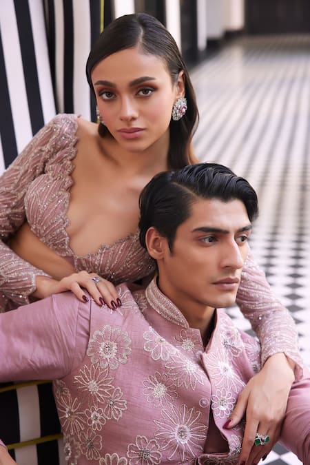 Shop Charu And Vasundhara Pink Muslin Cut Work, Pearls, Sequins, Beads Embroidered Bundi Kurta Set Online at Aza Fashions Shop_Charu And Vasundhara_Pink Muslin Cut Work, Pearls, Sequins, Beads Embroidered Bundi Kurta Set _Online_at_Aza_Fashions