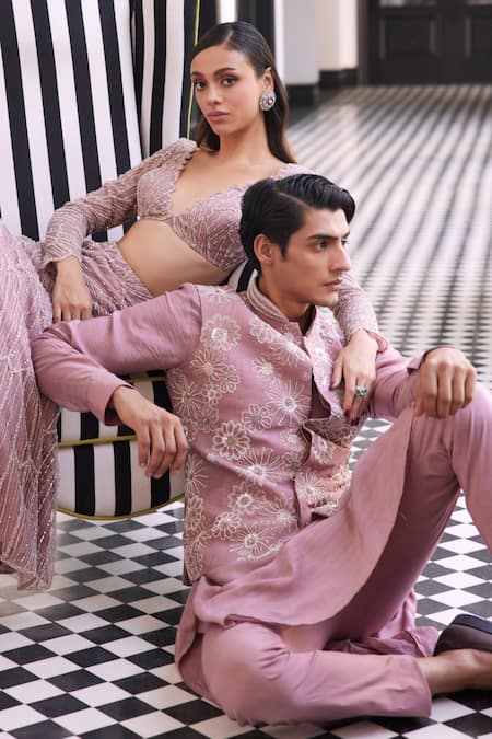 Charu And Vasundhara Pink Muslin Cut Work, Pearls, Sequins, Beads Embroidered Bundi Kurta Set at Aza Fashions Charu And Vasundhara_Pink Muslin Cut Work, Pearls, Sequins, Beads Embroidered Bundi Kurta Set _at_Aza_Fashions
