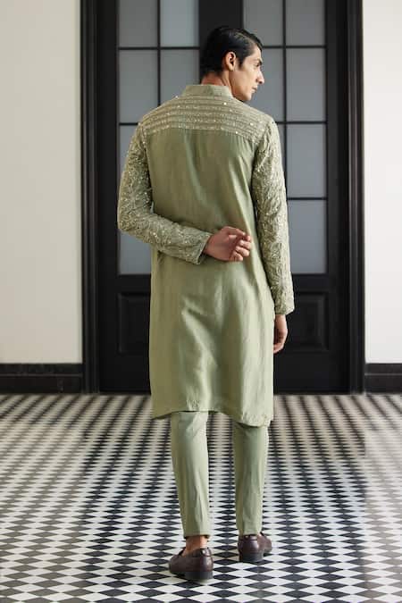 Shop Charu And Vasundhara Green Silk Cut Work, Sequins Petal Embroidered Kurta Set at Aza Fashions Shop_Charu And Vasundhara_Green Silk Cut Work, Sequins Petal Embroidered Kurta Set _at_Aza_Fashions