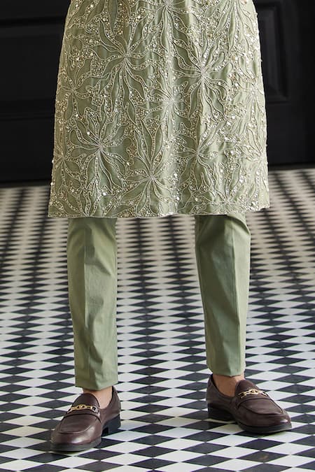 Charu And Vasundhara Green Silk Cut Work, Sequins Petal Embroidered Kurta Set Online at Aza Fashions Charu And Vasundhara_Green Silk Cut Work, Sequins Petal Embroidered Kurta Set _Online_at_Aza_Fashions