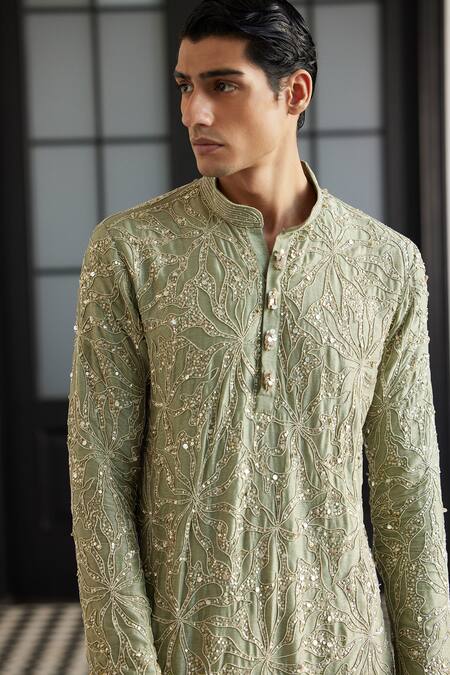 Buy Charu And Vasundhara Green Silk Cut Work, Sequins Petal Embroidered Kurta Set Online at Aza Fashions Buy_Charu And Vasundhara_Green Silk Cut Work, Sequins Petal Embroidered Kurta Set _Online_at_Aza_Fashions