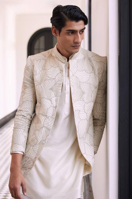 Charu And Vasundhara_Ivory Silk Cut Work, Pearls Embroidered Bandhgala Set _Online_at_Aza_Fashions