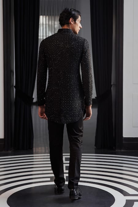 Shop Charu And Vasundhara Black Silk, Polyester Beads, Cut Work Embroidered Sherwani Jacket Kurta Set at Aza Fashions Shop_Charu And Vasundhara_Black Silk, Polyester Beads, Cut Work Embroidered Sherwani Jacket Kurta Set _at_Aza_Fashions