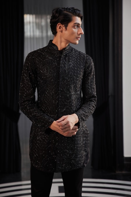 Charu And Vasundhara Black Silk, Polyester Beads, Cut Work Embroidered Sherwani Jacket Kurta Set Online at Aza Fashions Charu And Vasundhara_Black Silk, Polyester Beads, Cut Work Embroidered Sherwani Jacket Kurta Set _Online_at_Aza_Fashions