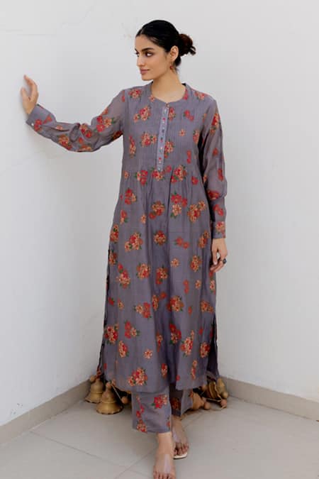 Juanita by Shubhda Slate Hand Block Printed Kurta & Pant Set 