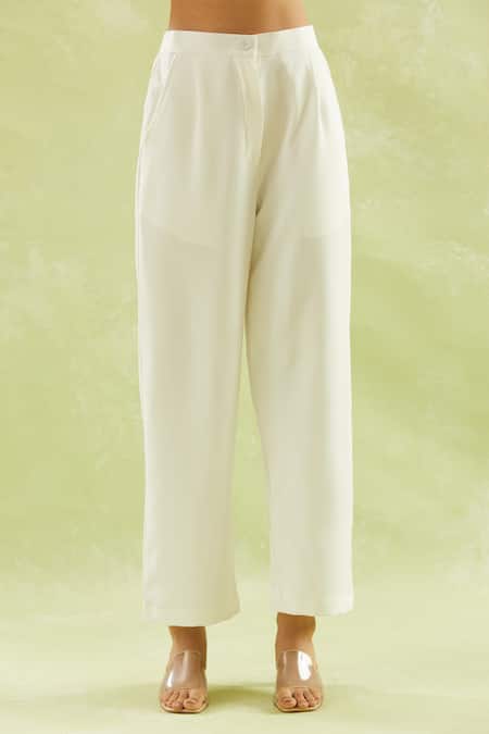 Buy_Naintara Bajaj_White Neoprene, Lycra Collared Solid Puffed Sleeves Shirt And Pant Set _Online_at_Aza_Fashions