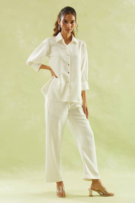 Shop_Naintara Bajaj_White Neoprene, Lycra Collared Solid Puffed Sleeves Shirt And Pant Set _Online_at_Aza_Fashions