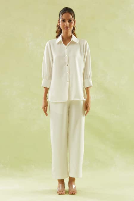 Naintara Bajaj_White Neoprene, Lycra Collared Solid Puffed Sleeves Shirt And Pant Set _at_Aza_Fashions