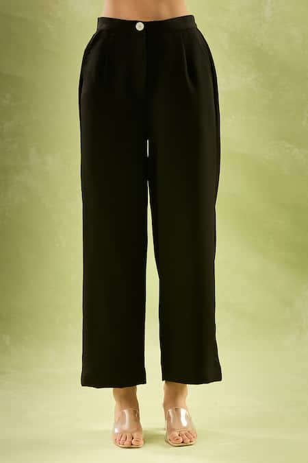 Naintara Bajaj Black Neoprene, Lycra Collared Puffed Sleeves Shirt And Pant Set Online at Aza Fashions Naintara Bajaj_Black Neoprene, Lycra Collared Puffed Sleeves Shirt And Pant Set _Online_at_Aza_Fashions